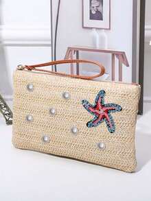 Beach Straw Woven Makeup Bag, Rhinestone Starfish And Pearl Decor, Women's Clutch, Summer Vacation Zipper Coin Purse, Bohemian Style Wrist Bag, Portable Makeup Bag, Woven Wrist Bag, Tropical Style Bag, Suitable For Travel, Beach Vacation, Outings, School, Daily Use, Unique Birthday Gift, Holiday Gift, Party Gift, Vacation Gift, Back To School Gift, Teacher Gift - Multicolor - View 12