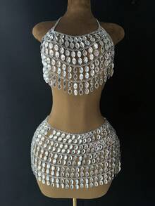 DEKUNER 2pcs Luxury Sparkle Rhinestone Body Chain Set, Handmade Crystal Halter Crop Top + Mini Skirt Set Harness Outfit For Party & Beach - White - View 5