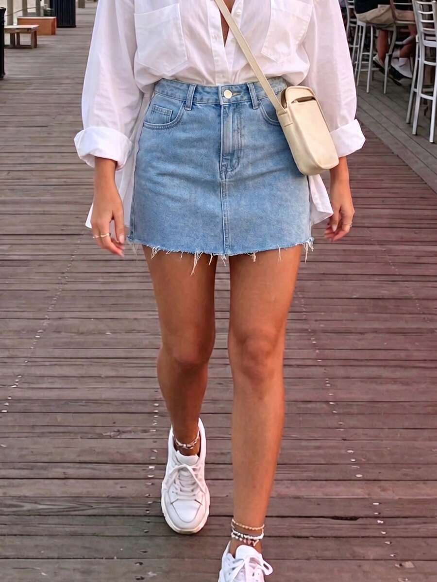 女款牛仔緊身性感迷你裙,復古水洗休閒極簡毛邊牛仔裙,夏季款 - 淺藍色 - 查看 1