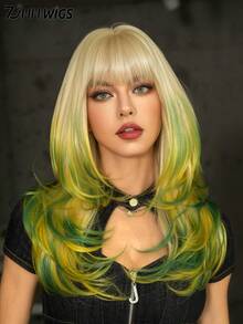 7JHH WIGS 女款 24 吋金綠漸層長層次瀏海假髮，耐熱纖維全機製合成直髮，彩色角色扮演派對萬聖節音樂節穿戴假髮 - 挑染綠色 - 查看 2