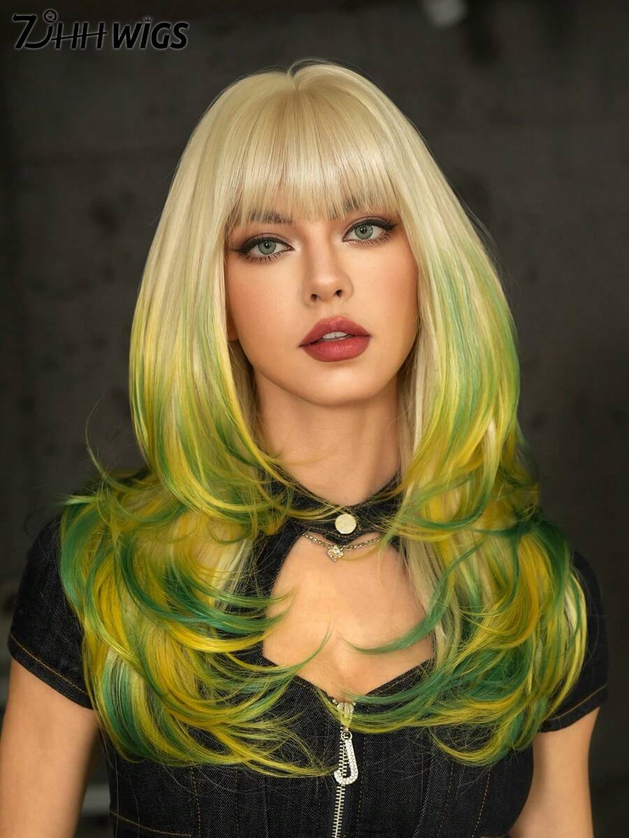 7JHH WIGS 女款 24 吋金綠漸層長層次瀏海假髮，耐熱纖維全機製合成直髮，彩色角色扮演派對萬聖節音樂節穿戴假髮