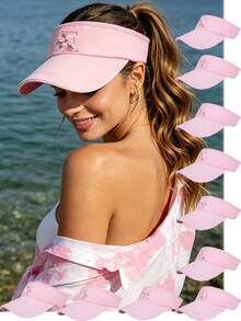 1 pieza Letras A-Z Opcionales! Visera con Bordado de Flores Rosas, Estilo Fresco para Niñas, Sombrero Dulce & Energético para Protección Solar Diaria/al Aire Libre - Rosa - Ver 1