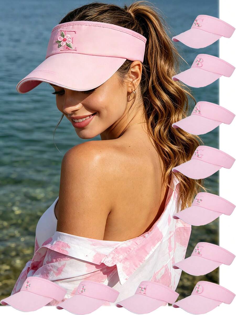 1 pieza Letras A-Z Opcionales! Visera con Bordado de Flores Rosas, Estilo Fresco para Niñas, Sombrero Dulce & Energético para Protección Solar Diaria/al Aire Libre - Rosa - Ver 1