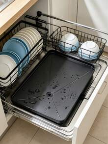Pull-Out Dish Drying Rack With Removable Water Tray, Black Metal Wire Construction, Open Grid Design For Quick Air-Drying Plates Bowls Cups, Ideal For Kitchen Countertop Use - Multicolor - View 1