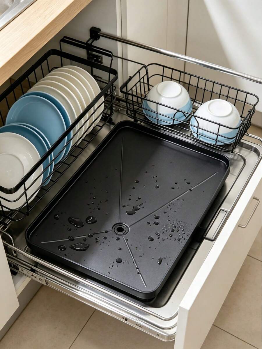Pull-Out Dish Drying Rack With Removable Water Tray, Black Metal Wire Construction, Open Grid Design For Quick Air-Drying Plates Bowls Cups, Ideal For Kitchen Countertop Use - Multicolor - View 1