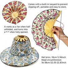 Topi Matahari Lipat 2-in-1 dengan Kipas Genggam, Topi Matahari Portabel dengan Tali Pengikat Terintegrasi, Topi Matahari Anyaman Bambu Motif Bunga untuk Wanita - Topi Kipas Lipat 2-in-1 - View 3