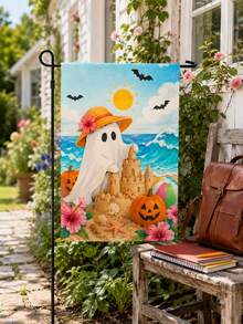 1pc Halloween Beach Ghost Print Garden Flag, Coastal Style Linen Yard Banner, Double-Sided, Fade-Resistant Weather-Resistant, Cute Ghost Sandcastle Pumpkin Bat Hibiscus Decorative Flag, Suitable For Outdoor Lawn Patio Porch Farmhouse Halloween Party Holiday - Multicolor - View 4