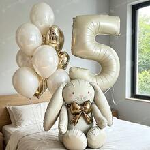 Cream White Rabbit Number Balloon Garland Set, 32 Inch Cream White Number Foil Balloon, Cute Rabbit Standing Aluminum Foil Balloon With Gold Bow, Suitable For Birthday Party Decoration, Baptism, Anniversary, Wedding, Valentine's Day Party Decoration, Christmas Decoration, Wedding Arrangement, Room Decoration. - Rabbit Set - View 3