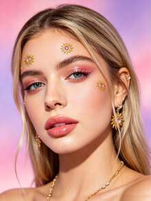 1 Peça Adesivo de Strass com Tema de Sol Boêmio para Decoração Facial, Cristal Multicolorido + Estilo de Padrão, Joia Facial Autoadesiva para Festival de Música, Festa de Verão, Halloween, Carnaval, Fotografia, Eventos de Casamento - Multicolorido - Visão 3