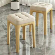 1pc Solid Wood Button Tufted Square Stool, Soft Padded Ottoman Stool, Modern Minimalist Vanity Chair, Multi-Functional Entryway Shoe Bench, Suitable For Living Room Bedroom Home Furniture - Beige - View 3