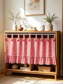 1PC Cute Korean-Style Red Cherry-Two-Color Checkered Patterned Short Curtains,Skirt Small Curtains For Door,Window,Kitchen Cabinet, Oven Partition,Home Drape Decor - Red - View 7