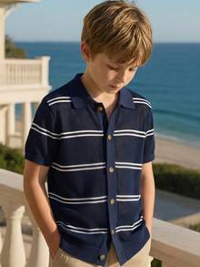 Boys' Casual Striped Hollow Collar POLO Shirt, Short Sleeve Thin Knit Cardigan Sweater, Suitable For School Daily Wear In Summer And Autumn - Navy Blue - View 1
