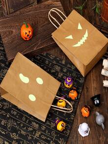 6pcs/Set Halloween Fluorescent Kraft Paper Gift Bags, Pumpkin Face Kraft Paper Bags, Trick Or Treat Bags - Multicolor - View 7