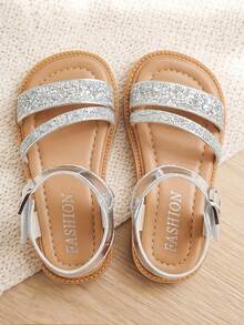1 Paar Mädchen Silber Glitzer Doppeltriemen Prinzessin Sandalen, verstellbare Metallschnalle Knöchelriemen, rutschfeste flache Sohle, atmungsaktive offene Zehenpartie leichte Sommerschuhe, geeignet für Kleinkinder.Kinder Alltag.Party.Bühne.Reisen.Zuhause.Outdoor Kindersandalen - Silber - Übersicht 4