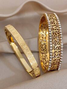 1Pc/2pcs Luxuy Zirconia Hollow Engraved Bangle Bracelet,Stainless Steel Jewelry Set For Women,Daily/Boho/Party/Wedding,Mom Gifts,Valentine Birthday - Multicolor - View 2