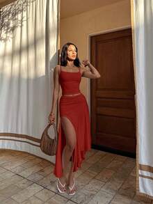 Summer Sexy Camisole 2 Pieces Set, Asymmetrical Slit Skirt Outfit Red Elegant - Red - View 1