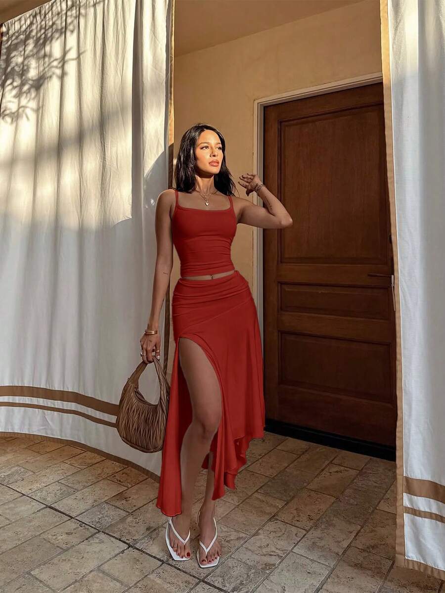 Summer Sexy Camisole 2 Pieces Set, Asymmetrical Slit Skirt Outfit Red Elegant - Red - View 1