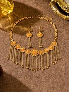 3pcs Set Luxury Elegant Gold-Plated Embossed Floral Tassel Choker Earrings Necklace Set For Women, Holiday Celebration, Vacation, Wedding, Party Accessories - Yellow Gold - View 7