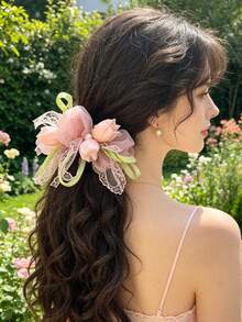 1pc Gentle Sweet Fresh Versatile Tulip Mesh Scrunchie - Multicolor - View 7