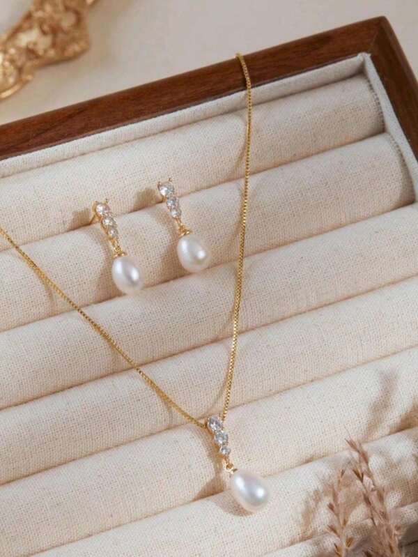 Bộ dây chuyền mặt đá Cubic Zirconia & ngọc trai giả tông vàng và bông tai - Thời trang nữ, thanh lịch, tinh tế, bộ trang sức cô dâu, trang sức cô dâu, phụ kiện đám cưới, quà tặng trang sức thời trang