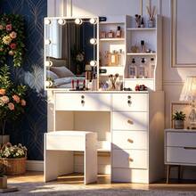 Makeup Vanity Table And Stool Set With LED Sliding Mirror, Drawers, Shelves - Makeup Dressing Table With Mirror And Stool, Makeup DeskVanity Dressing Table Drawers And Stool Set Desk With LED Lights Mirror - White - View 4