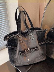 Vintage Chain Decorated Jean Tote Bag For Women Casual Washed Shoulder Bag Summer Spacious Purse Handbag For Cow Girl Travel Essential Back To School - 彩色 - 查看 12