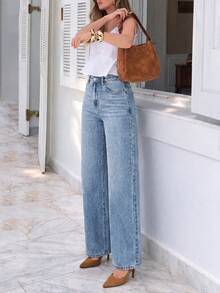 Fashion Women's Office Straight Leg Jeans, Washed Process, Cat Whisker Detail Design, With Pockets, Suitable For Daily Casual Wear - Light Wash - View 2