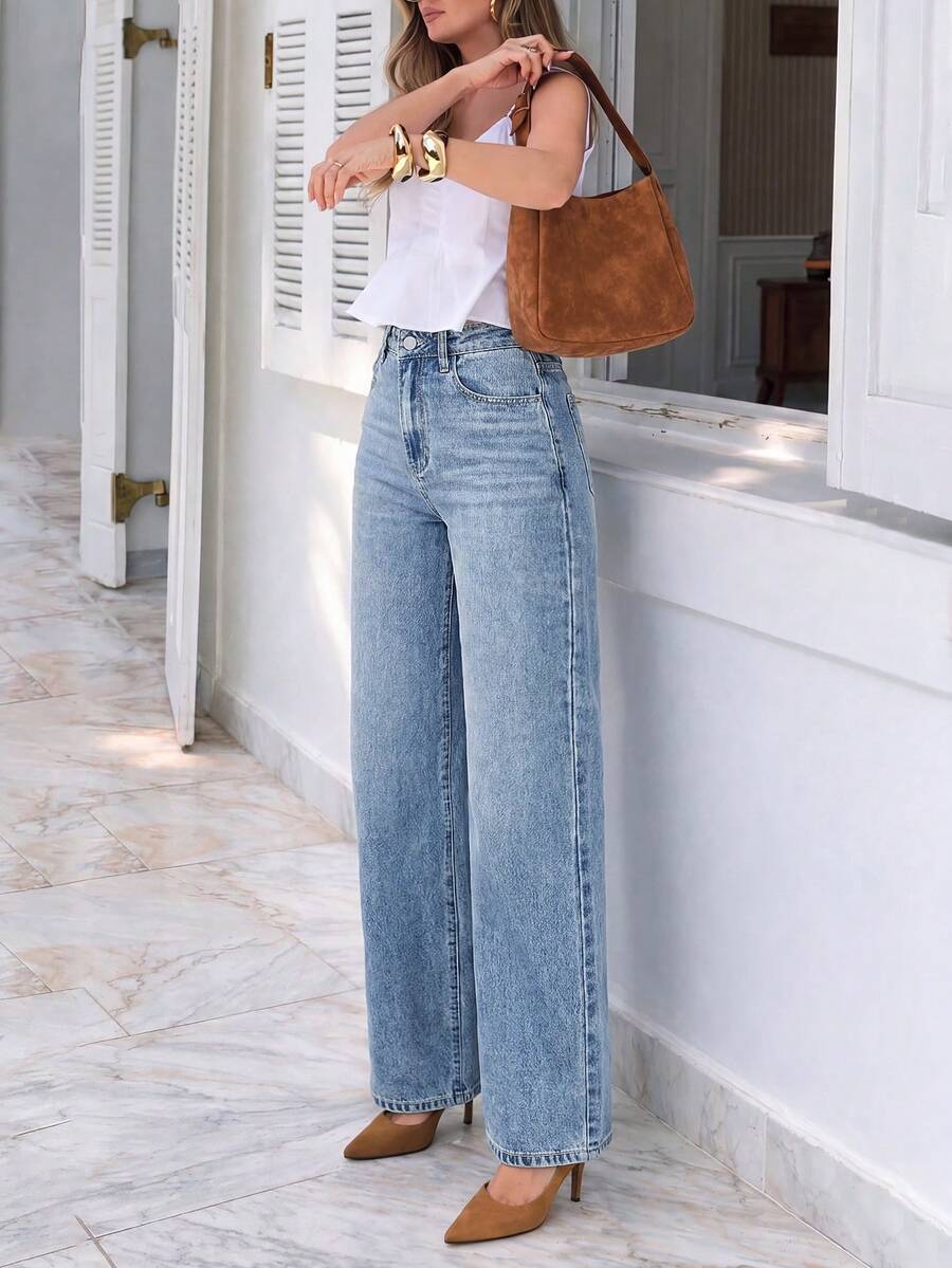 Fashion Women's Office Straight Leg Jeans, Washed Process, Cat Whisker Detail Design, With Pockets, Suitable For Daily Casual Wear