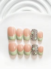10件裝時尚手工穿戴式假指甲，Polygel美甲套組，綠色泡泡珠與白色圓形水鑽，綠色指甲油，清新風格，附美甲工具，3種尺寸可選：方形、短方形、杏仁形，適合派對、跳舞、日常配戴 - 彩色 - 查看 19