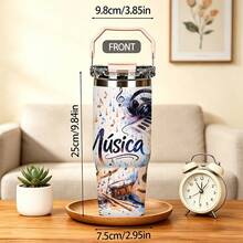 1pc/5pcs 30oz Double Wall Stainless Steel Insulated Tumbler, Music Symbol Pattern, Keeps Cold And Hot Temperatures. Comes With Leak-Proof Lid, Straw And Portable Handle, Suitable For Coffee And Water, Travel Use, Music Theme Gift For Music Lovers. - White - Guitar - View 10