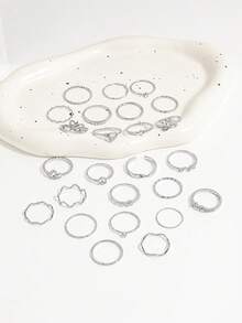 25PCS INS Style Rhinestone Heart Twisted Asymmetrical Thin Ring Set, Heart Rhinestone Braided Wave Rings For Women - Silver - View 2