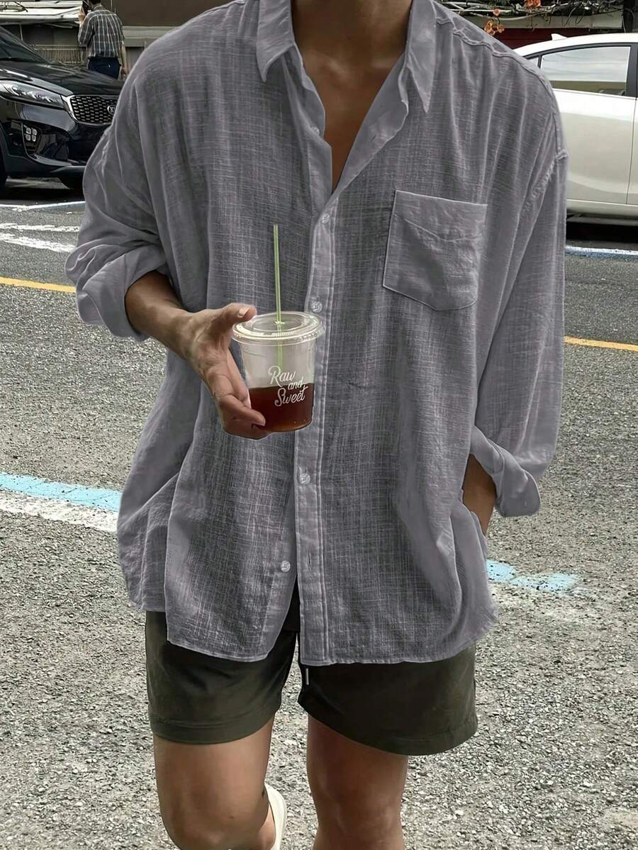 男士素色長袖單排扣口袋寬鬆休閒版型襯衫，秋季