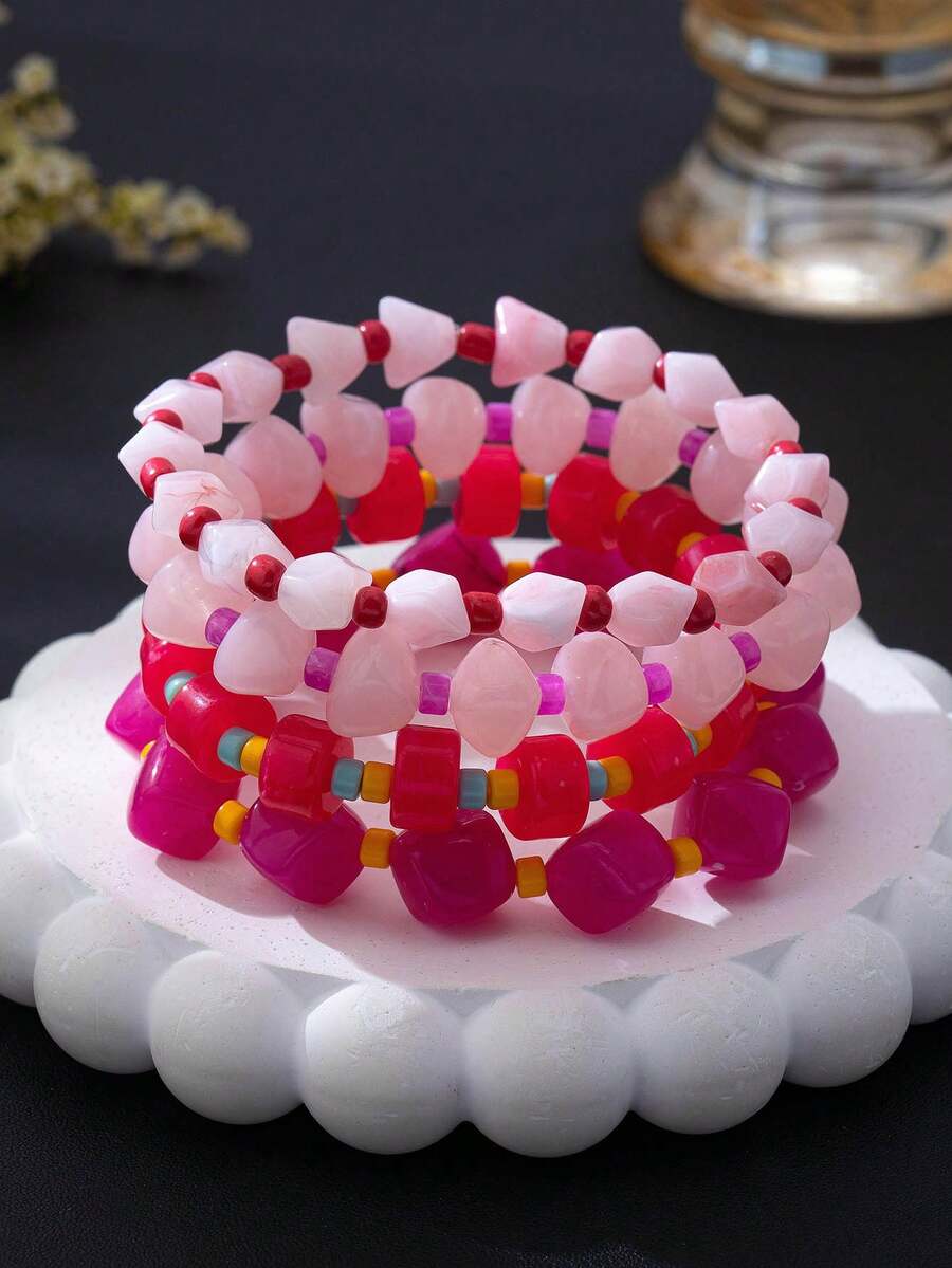 1pc/4pcs Pink Contrast Color Unique Handmade Beaded Bracelet Fashion Design Sweet Cool Hot Girl Women's Daily Wear Jewelry - Beaded Bracelet - View 1
