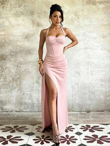 Summer Dress, Women's Sexy And Elegant Party Evening Dress, Waisted Beach Dress, Vacation, Wedding, Dinner, Festival - Pink - View 4