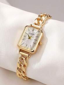 JUSMI Elegant Teen Gold-Tone Watch, Slim Rectangular Dial With Crystal Details & Chain Strap Analog Pointer Watch - Gold - View 2