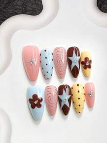10pcs/Set Sweet Style Handmade Press-On Nails, Poly Gel Nail Art Set, Star Floral Polka Dot Rhinestone Design, Yellow & Blue Nail Color, Fresh Style, Includes Nail Tools, 3 Sizes Available, Almond/Duck/Coffin Shape, Suitable For Party, Dancing, Daily Wear - 彩色 - 查看 15