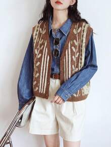 Cardigan Sweater Rajut Leher V Motif Vintage Kasual Wanita, Musim Gugur/Dingin - Coklat - View 2