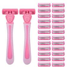 2 Handles + 36 Replacement Blades/3-Layer Manual Razor, Stainless Steel Razor Blades. Sharp, Washable And Reusable, Face Razor, Hair Removal - Pink - View 10
