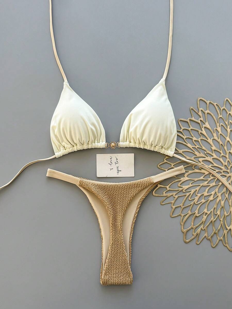 女款休閒細肩帶抓皺高彈力比基尼套裝，三角上衣搭配紋理泳褲，度假海灘夏季款 - 香檳色 - 查看 1