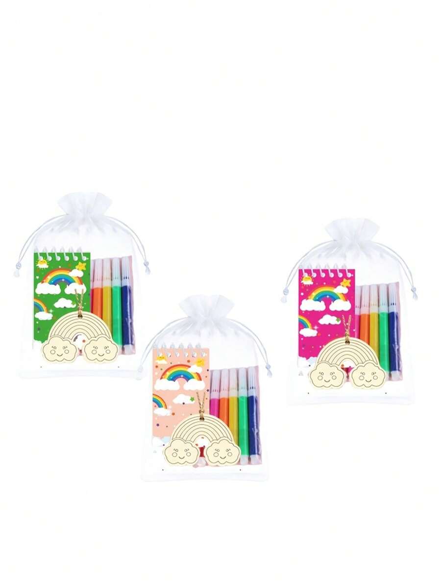 Juego de regalo de papelería con temática arcoíris DIY de 42 piezas/set, que incluye 6 cuadernos con espiral, 6 pizarras de dibujo arcoíris DIY, 24 marcadores de colores y 6 bolsas de regalo (con cordones para las pizarras de dibujo). Perfecto para estudiantes o como recuerdos de fiesta.