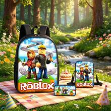 Roblox 新款3件組動漫組合背包套裝，包含背包、斜背包、筆袋，可調節肩帶，拉鍊設計，中性款，適用於上學、旅行、露營，聖誕節、生日、開學季理想禮物 - Roblo 男孩 書包 B - 查看 3