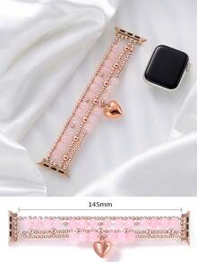 串珠手链，兼容苹果手表表带 38mm、40mm、41mm、42mm、44mm、45mm，女士时尚心形吊坠，弹性表带，适用于苹果手表 Series 1-7 和 SE，情侣礼物 - 粉紅色愛心 - 查看 3