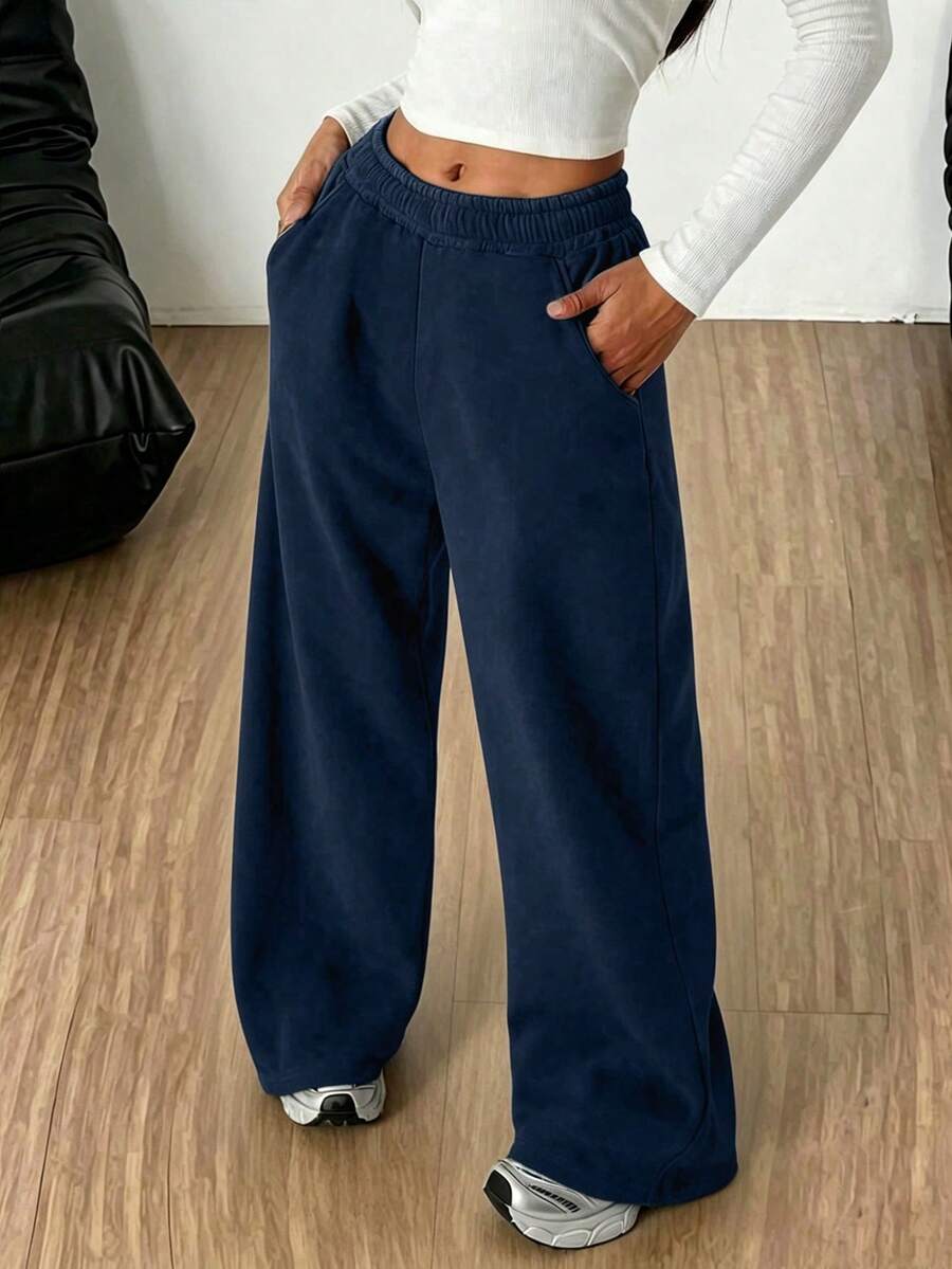 1pc Girls' Solid Color Casual Outdoor Loose Sports Versatile Fleece Lined Long Pants - Blue - View 1