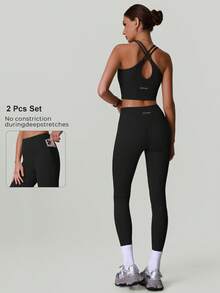 2 Piece Workout Set Women's Round Neck Cross Strap Backless Padding Crop Top Vest Sports Bra And High Waist Tummy Control Pockets Yoga Leggings - Black - View 2