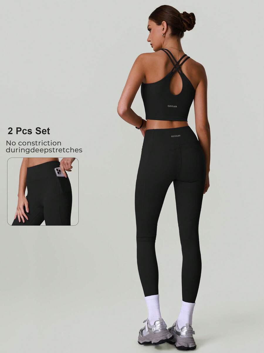 2 Piece Workout Set Women's Round Neck Cross Strap Backless Padding Crop Top Vest Sports Bra And High Waist Tummy Control Pockets Yoga Leggings