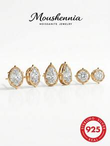 MOUSHEENIA Luxury 1ct Round Moissanite Stud Earrings 925 Sterling Silver Gold Plated Bezel Set Classic Anniversary Jewelry Gift For Women - Round - View 2