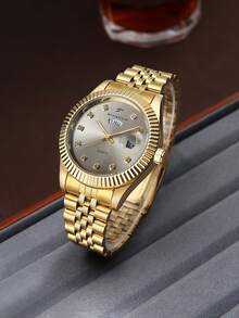 RICECGO 1pc Classic Men's Quartz Watch With Dual Calendar Display, Business Casual Steel Band Wristwatch, Fashionable And Reliable, Suitable As Father's Gift - Gold - View 8