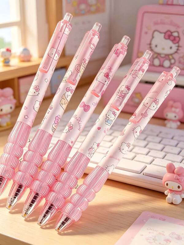 Bút gel bấm Sanrio 5 cây/hộp màu hồng, nhân vật Kitty, My Melody, Pudding Dog, Kuromi, Pochacco, Buneary... phong cách tươi mới chữa lành, 0.5mm, mực đen, mực trơn, nhanh khô, tay cầm cao su mềm, thiết kế công thái học, phù hợp cho học sinh ghi chép lớp học, làm bài tập và dụng cụ viết