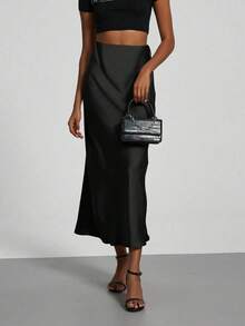 High Waist Solid Color Plus Size Women's Long Skirt With Zipper, Suitable For Office, Evening Date, Holiday, Vacation, Single Party Black - Black - View 3