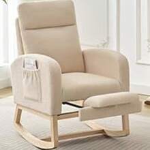 Rocking Chair With Foot Rest, Modern Teddy Glider Rocking Chair With Wood Legs And Side Pocket - Beige - View 5